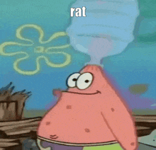 patrick star from spongebob squarepants is drinking water from a water bottle with the words `` rat '' written on it .