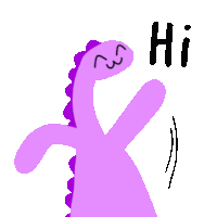 a purple dinosaur is waving and says hi on a white background