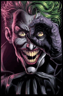 a poster of the joker with a purple glove on