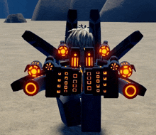 a video game character is riding a futuristic vehicle with orange lights on the back