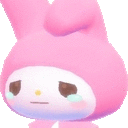 my melody is a pink bunny with a sad face and crying tears .