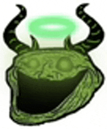 a green skull with horns and a green light coming out of it 's mouth .