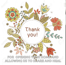 a thank you card with flowers and leaves around it