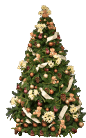 a christmas tree decorated with teddy bears flowers and ribbons