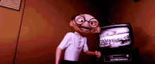 a cartoon character with glasses is standing in front of a television screen