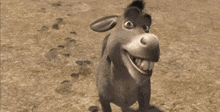 a donkey from shrek is smiling and standing on a dirt field .