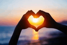 a person is making a heart shape with their hands against the sun at sunset .