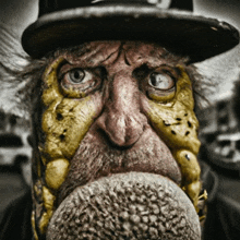 a close up of a man 's face with a yellow face paint