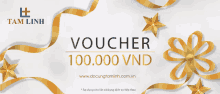 a voucher for 100,000 vnd is surrounded by gold ribbon and stars