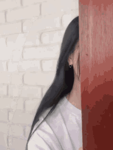 a woman is peeking behind a wooden door .