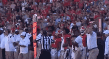 a referee is standing in the middle of a football field surrounded by players and coaches during a game .