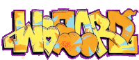 a yellow and purple graffiti drawing of the word warriors