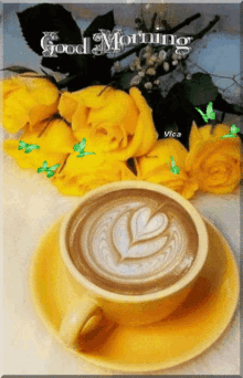 a cup of coffee on a saucer with yellow roses in the background and the words good morning vica