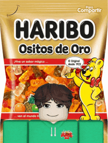 a bag of haribo ositos de oro candy with a boy 's face on it