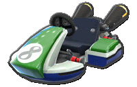 a green and blue go kart with the number 8 on the front .