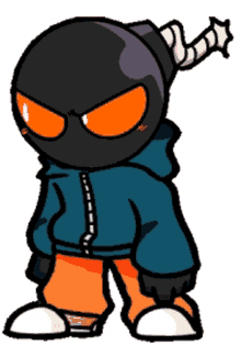 a cartoon character with a bomb on his head is wearing a blue jacket and orange pants