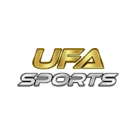 a logo for ufa sports in gold and silver