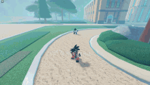 a cartoon character is walking down a sandy path in front of a building