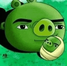 a cartoon of a green pig holding a baby pig in its mouth .