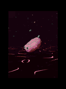 a pink donut with green eyes is floating in a pool of liquid