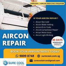 an advertisement for aircon repair in singapore shows a person holding a screwdriver