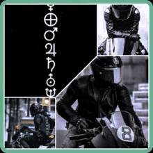 a collage of images of a man riding a motorcycle with the number 00 on his helmet