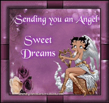 a purple greeting card with betty boop playing a harp and the words sending you an angel sweet dreams