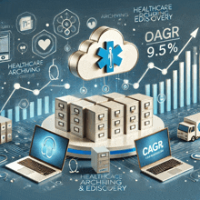 an illustration of healthcare archiving and discovery with laptops