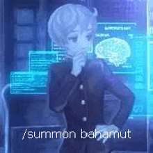 a boy in a suit is standing in front of a computer screen with the words `` / summon bahamut '' written on it .