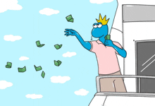 a cartoon of a man with a crown on his head throwing money in the air