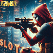 a man in a red hoodie is holding a gun in front of a slot sign