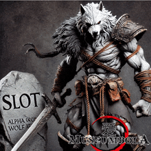 a statue of a wolf holding a sword next to a slot sign