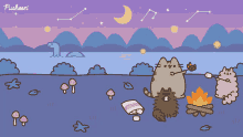 a cartoon illustration of pusheen cats roasting marshmallows by a campfire