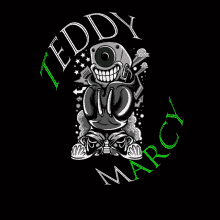 a black background with a teddy marcy logo in green