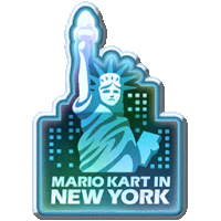 a logo for mario kart in new york with a statue of liberty