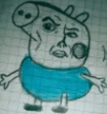 a drawing of peppa pig in a blue dress on a piece of paper on a graph paper .