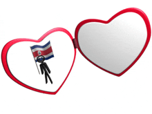 two heart shaped mirrors with a stick figure holding a flag