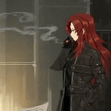 a woman with red hair is smoking a cigarette while wearing a black jacket .