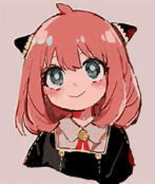 a girl with pink hair and black ears is wearing a black dress .