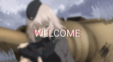 a blurred image of a girl holding a gun with the words welcome written in the corner .