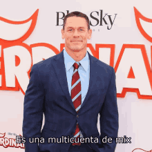 a man in a suit and tie stands in front of a sign that says ' sky '