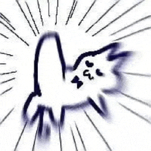 a black and white drawing of a cat flying through the air with rays coming out of it .