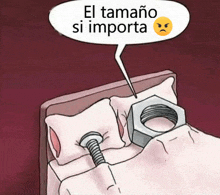 a cartoon of a bed with a screw in it and a speech bubble with el tamaño si importa