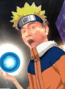 a pixel art of a person dressed as naruto holding a blue ball .