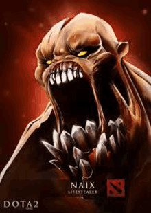 a poster for a video game called dota 2 shows a monster with a large mouth and sharp teeth .