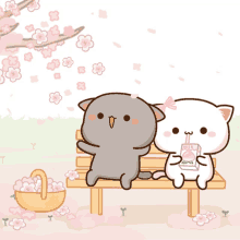 a cartoon of two cats sitting on a bench with a box of milk in front of them