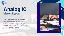 a poster for the analog ic market report shows a person using a laptop