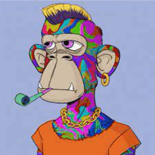 a monkey with a mohawk is smoking a pipe and wearing a colorful shirt .