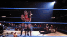 a couple of women wrestling in a ring with a blue rope