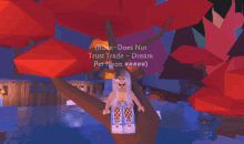 a girl is sitting on a tree in a video game and says " rose-does not trust trade-dream pet neon "